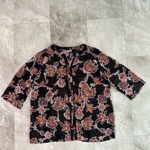 Liz Claiborne Signature Blouse Size XL Floral Sheer Tunic 3/4 Sleeve Boho Summer